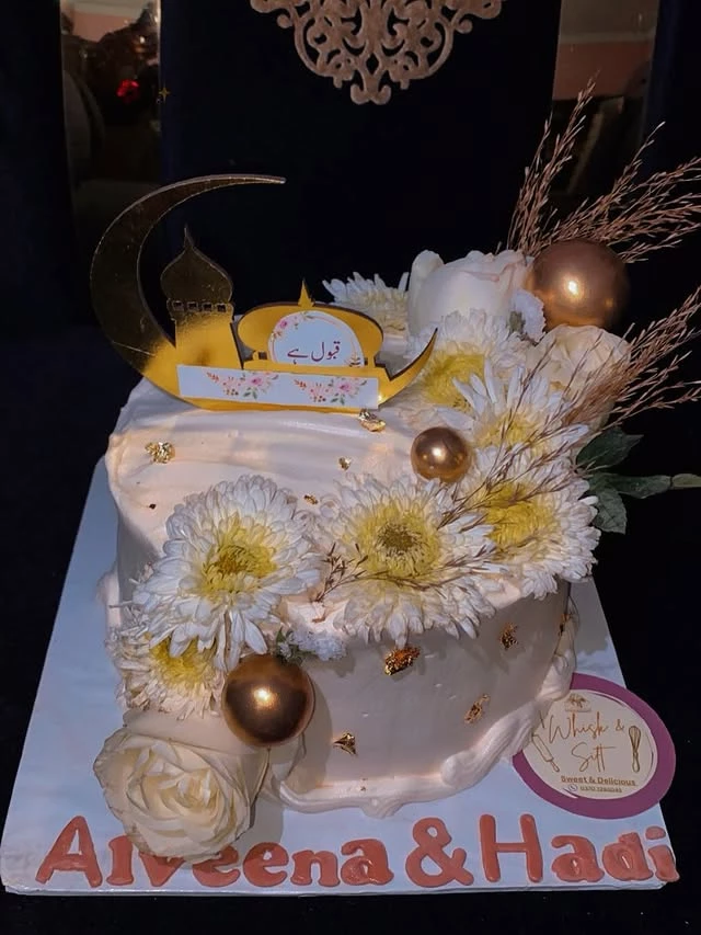 Elegant multi-tier nikkah wedding cake with Arabic calligraphy for Alveena & Hadi featuring delicate floral patterns and golden accents - Custom Celebration Cake in Karachi By Whisk And Sift